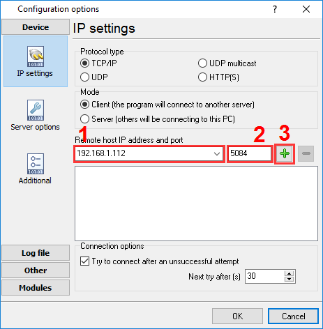 Configuring the TCP client mode