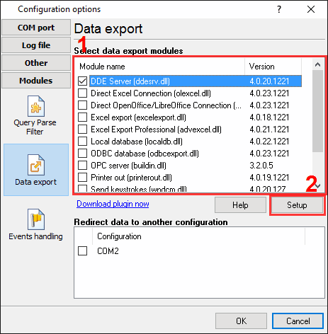 COM1 (barcode scanner). Data export plug-ins