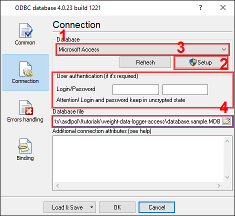 Export to MS Access. ODBC database data logger. Connection options