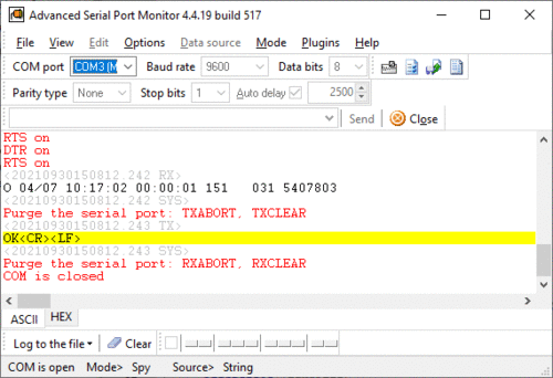 Serial Port Monitor in the spy data view mode
