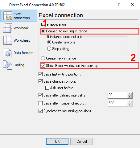 Excel connection settings