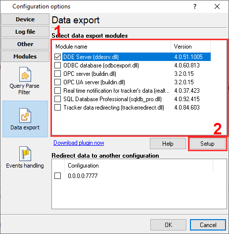 GPS tracker. Selecting the data export plug-in.