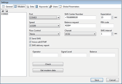 GSM modem or RS232 modem settings