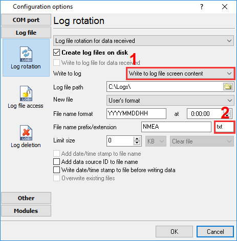 Data output to a log file