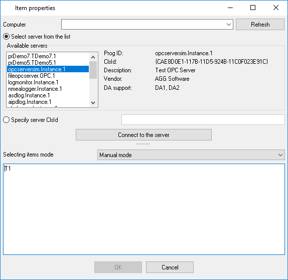 Manual mode item properties Manual mode item properties