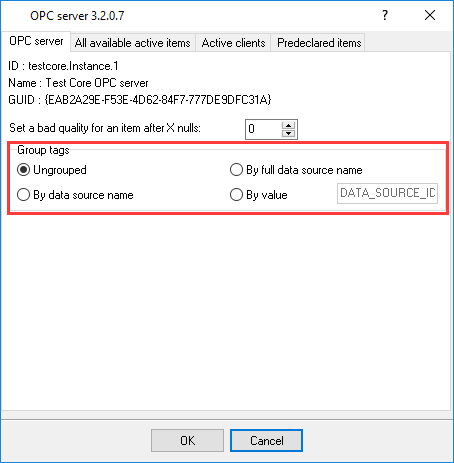 OPC server settings