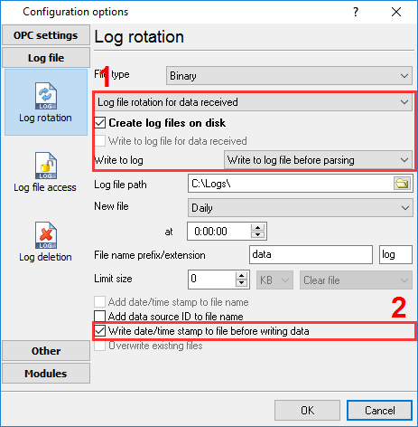 Binary log file settings