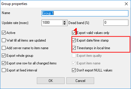 CSV file. OPC group settings. Timestamp.