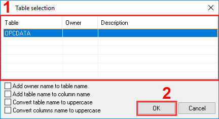 OPC ODBC. Importing table description.