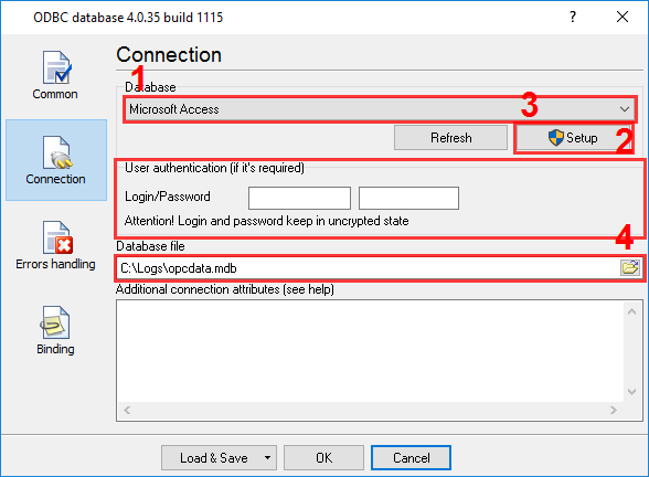 OPC ODBC. Configuring connection to a database