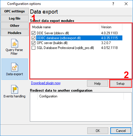 OPC ODBC.Selecting data export modules.