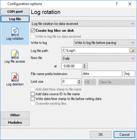 Log file settings (mode, folder, name)