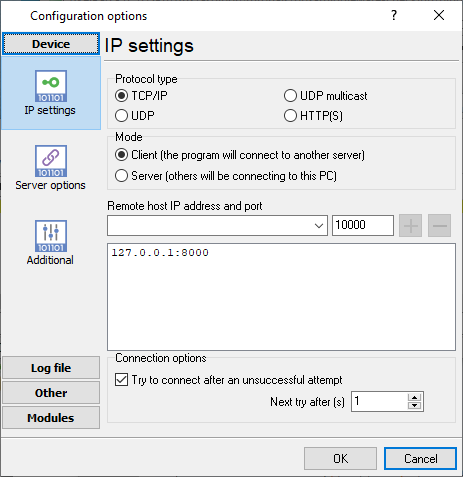 Outgoing connection settings