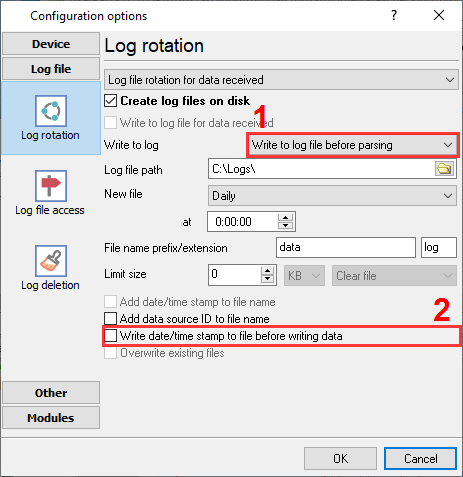 Log file settings for incoming data