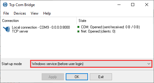 Byte counters in TCP COM Bridge main window