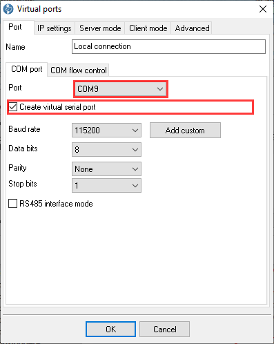 Virtual COM port settings
