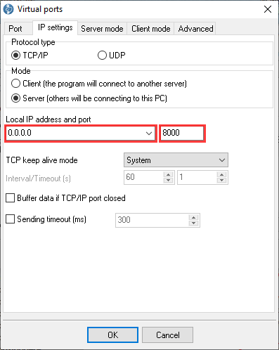 Local TCP link settings