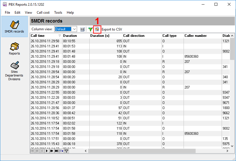 PBX Reports window