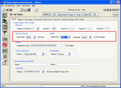 SMDR settings. System