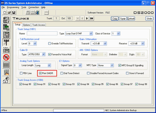 SMDR settings. Trunks