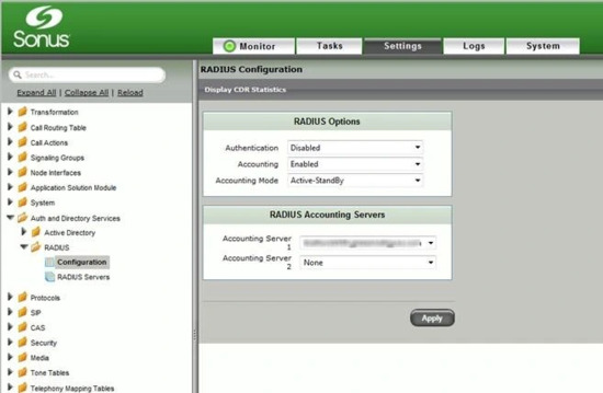 Sonus SBC RADIUS Accounting Server