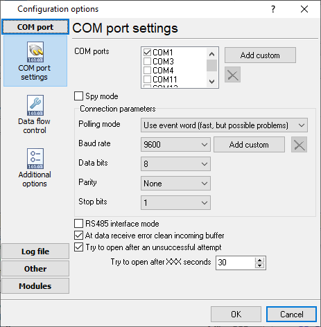 RS232 or COM port settings for (none)