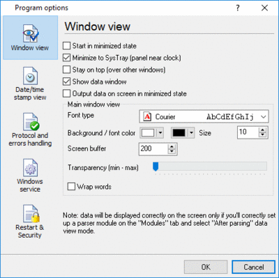 Window and application settings in Serial Data Logger