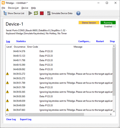 TWedge main window with incoming data