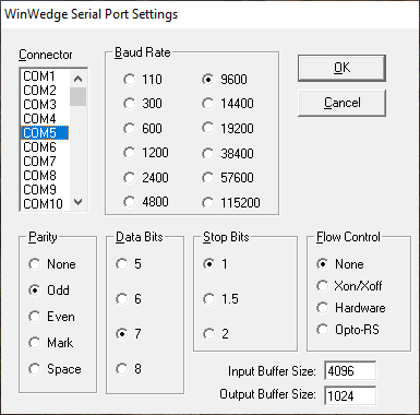 COM port settings in WinWedge