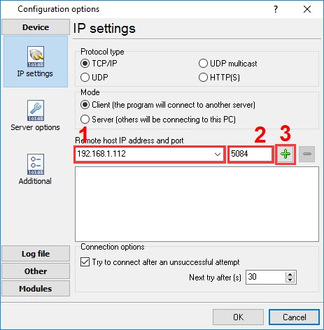 TCP client settings