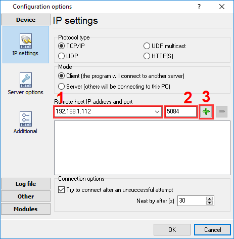 TCP client settings to receive ASTM data
