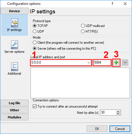 TCP server settings to receive ASTM data