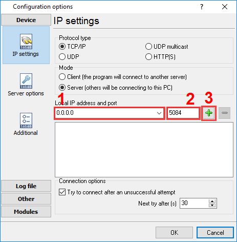 TCP server settings