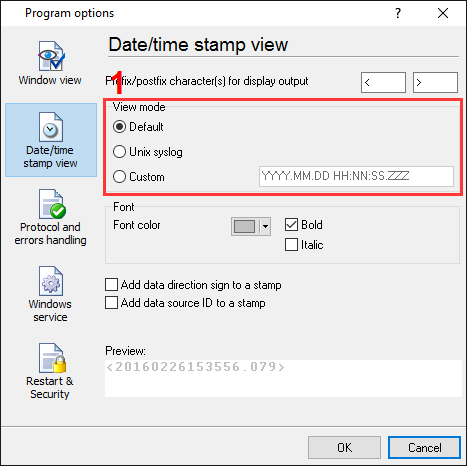 Barcode scanner data logger. The date/time stamp view settings