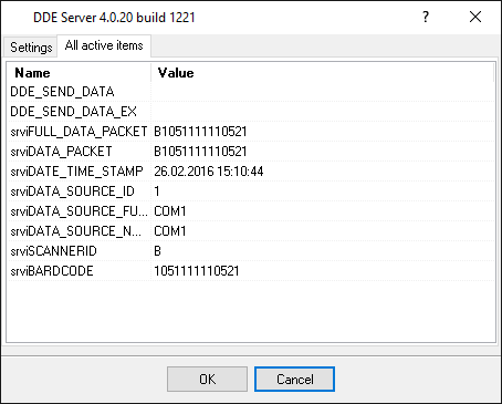Barcode scanner data logger. DDE server window