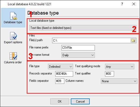 CSV export. Selecting a database