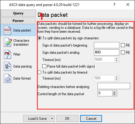 COM1 (barcode scanner). The configuration window of the parser