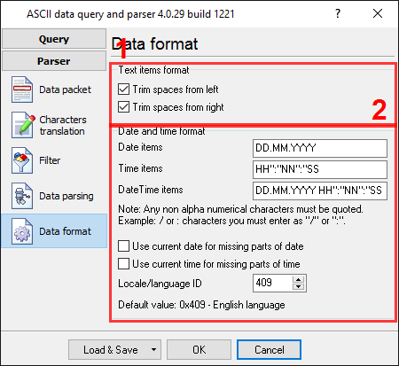 Data logger. Format of items