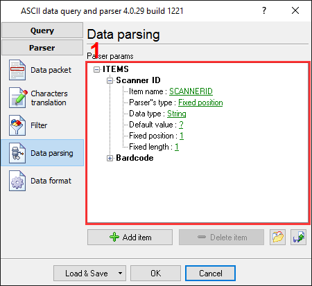 Barcode scanner data logger. Parser items