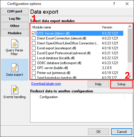 Data logger. Data export plug-ins setup