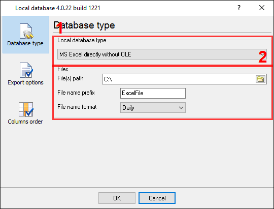 Excel export. Selecting a database.