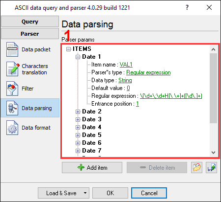 Data logger. Parser items