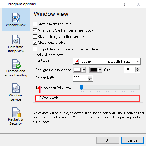 Serial data acquisition. Data logger window view