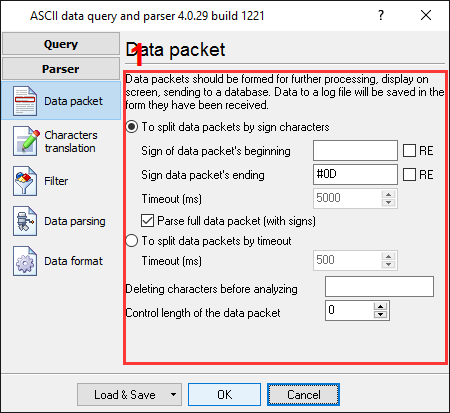 Scales data logger. The parser configuration window