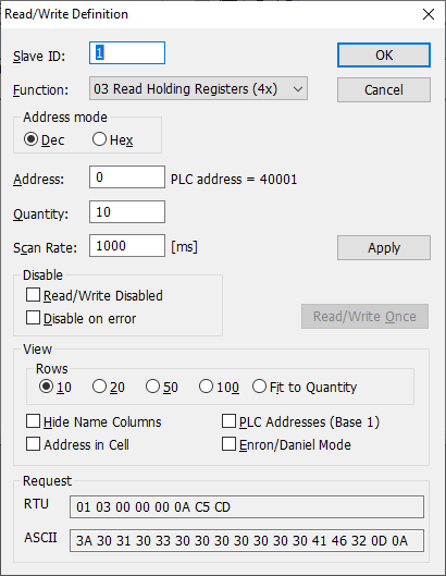 Basic MODBUS query settings