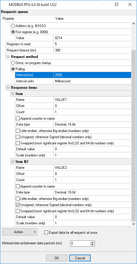 MODBUS request and response settings