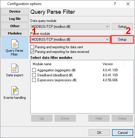 MODBUS plugin selection