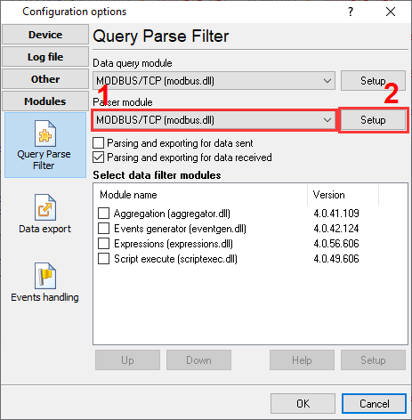 MODBUS plugin selection