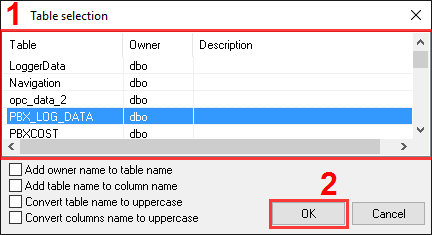 MS SQL 2000 export. ODBC database. Selecting the table.