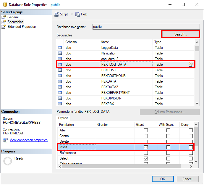 MS SQL 2000 export. The Public role rights